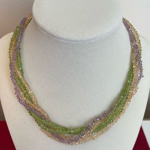 Natural cetrine, peridot, amethyst 5 stand necklace 16” silver plated clasp